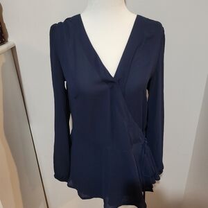 NWT LOFT solid Navy Long Sleeve V Neck Wrap Blouse Workwear | Small